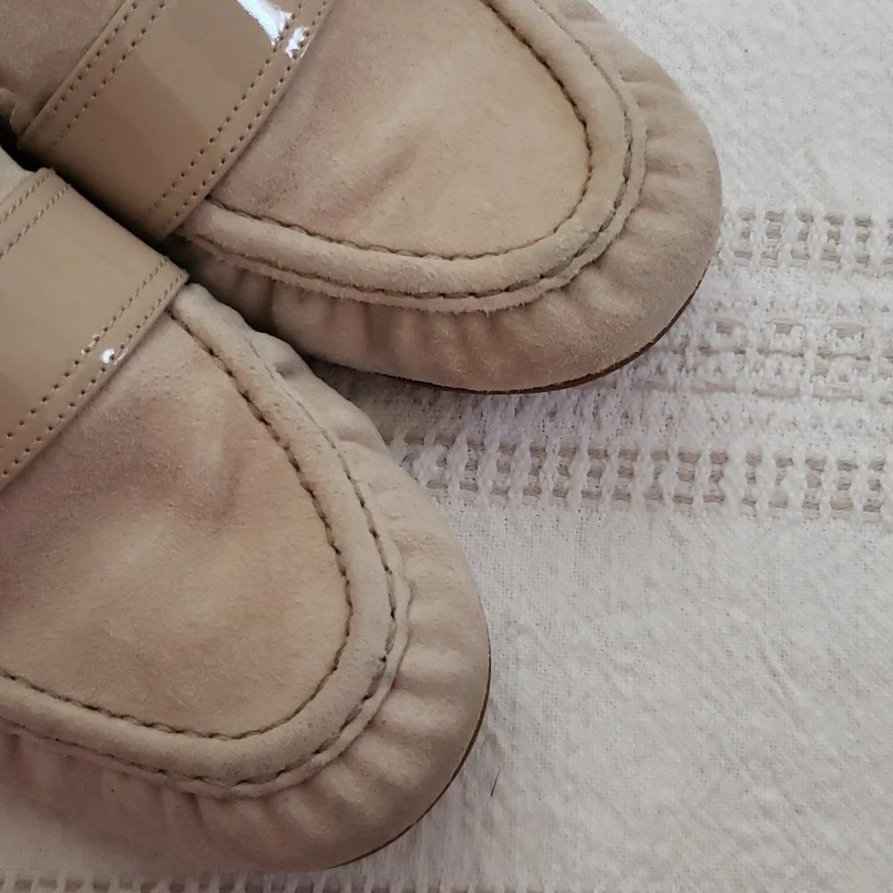 UGG suede beige loafer, slip on, silver buckle, flats,  women's size 7.